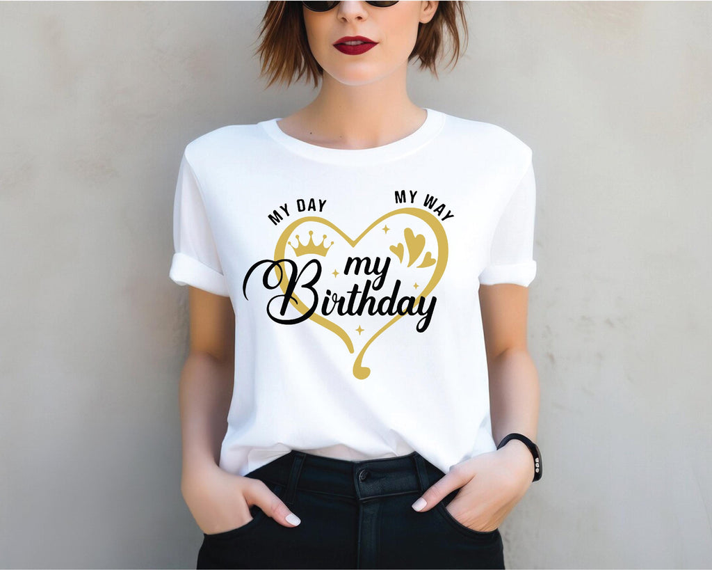 a woman wearing a white t - shirt with a heart on it