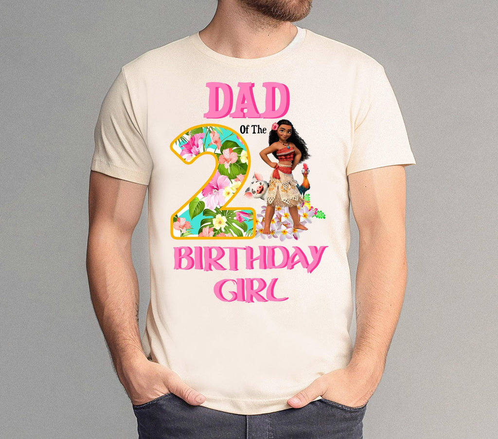 A man wearing a white t-shirt with a graphic design featuring a character from the movie "Moana" and the text "DAD OF THE 2 BIRTHDAY GIRL".