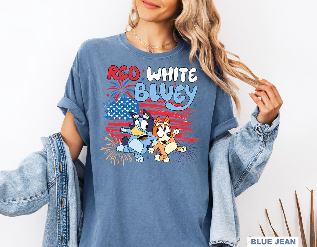 a woman wearing a red white and blue shirt