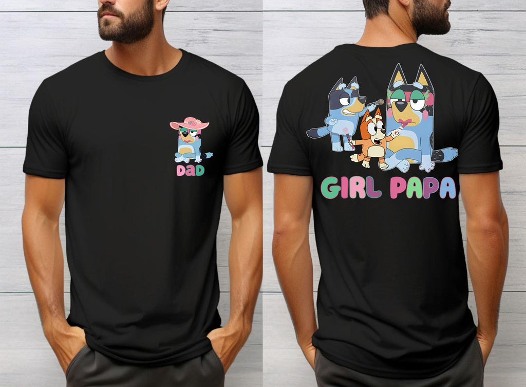 A black t-shirt with a graphic design featuring cartoon characters and text.