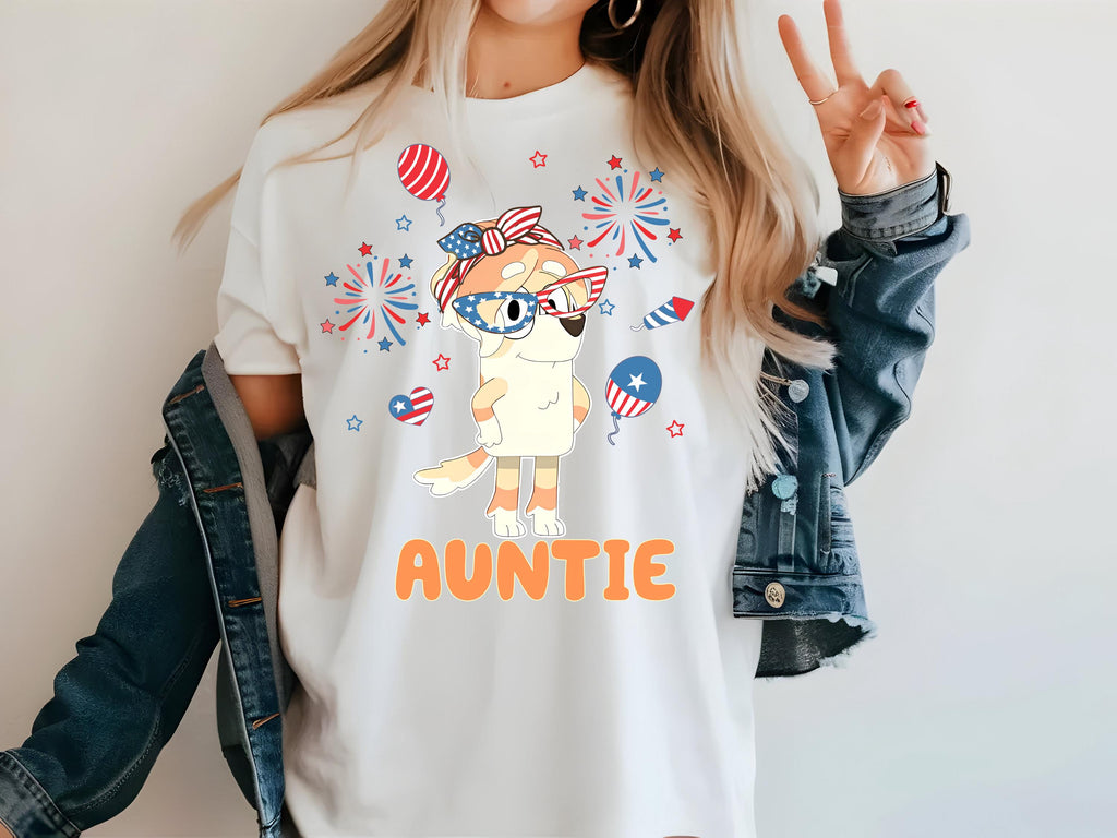 a woman wearing a t - shirt with an image of a dog on it