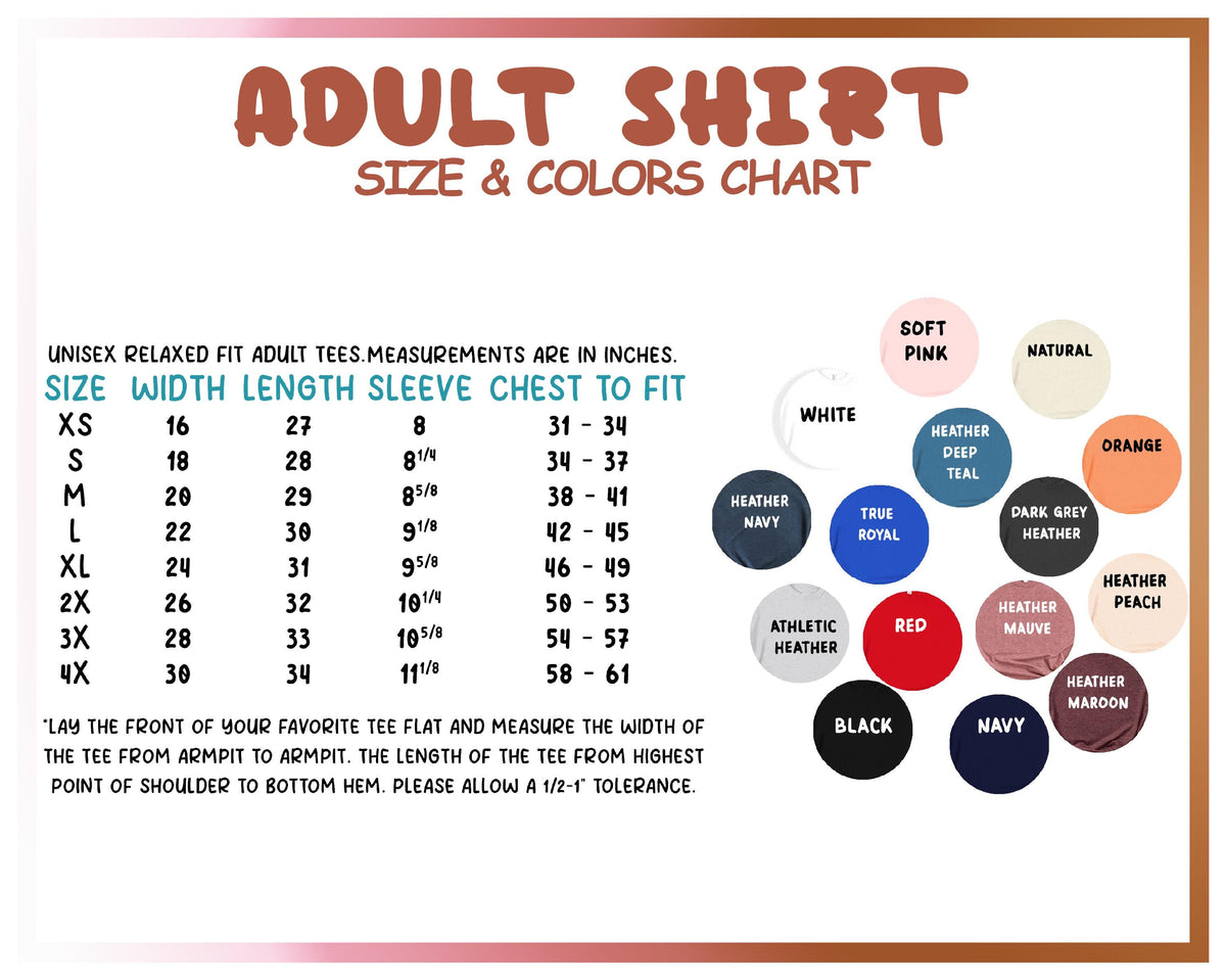 The image is an adult shirt size and colors chart that provides measurements and color options for different shirt sizes.
