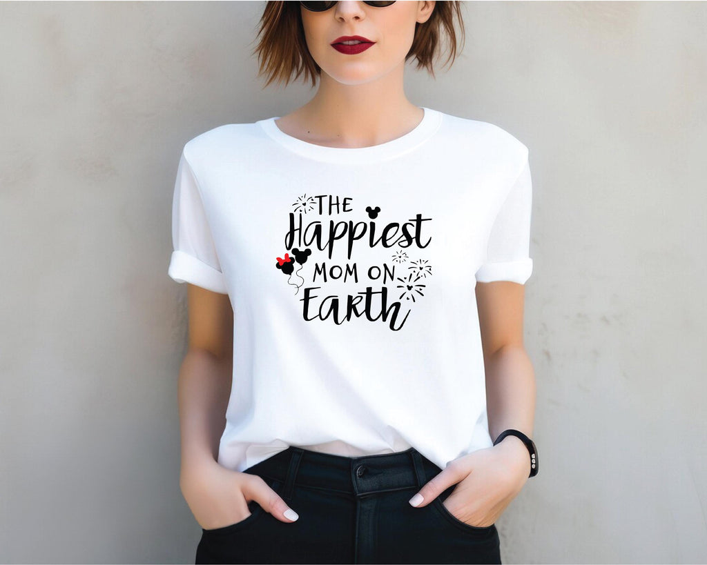 a woman wearing a t - shirt that says the happiest mom on earth