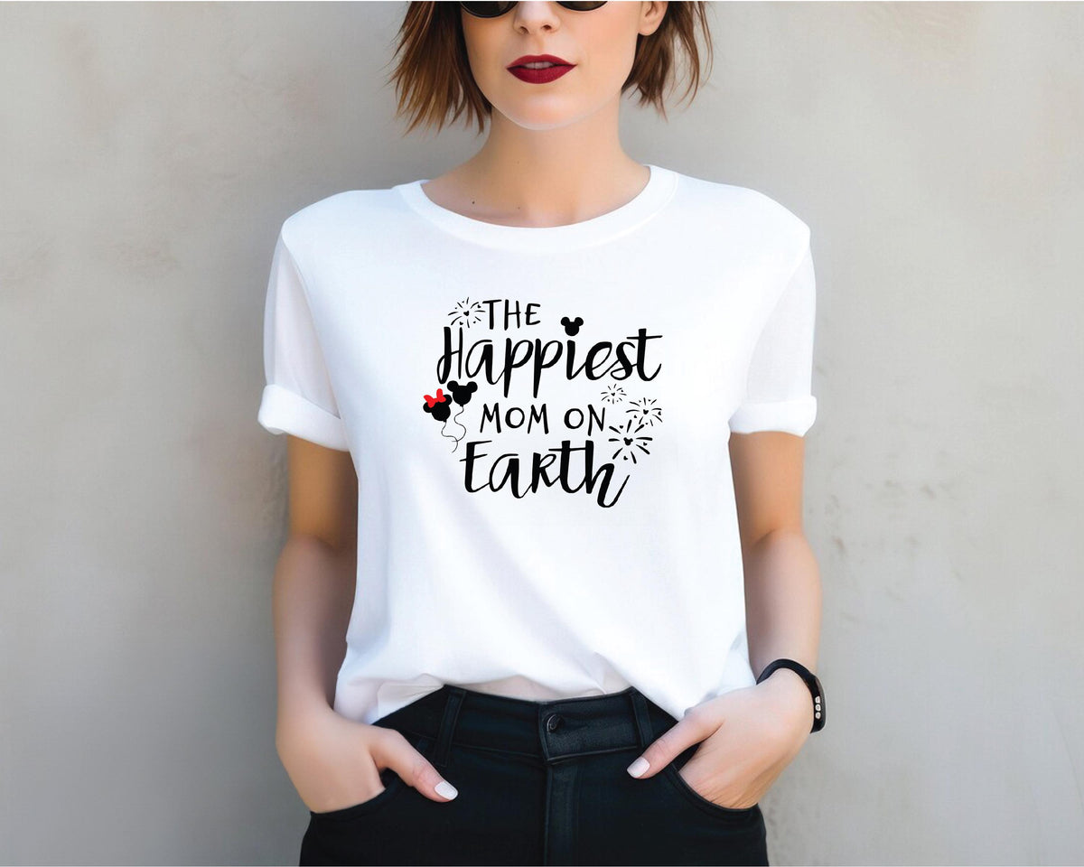 a woman wearing a t - shirt that says the happiest mom on earth