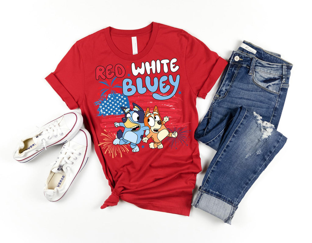 a red shirt with a cartoon character on it