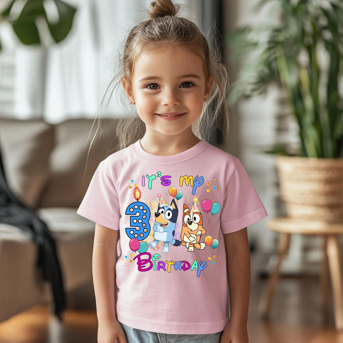 a little girl standing in a living room