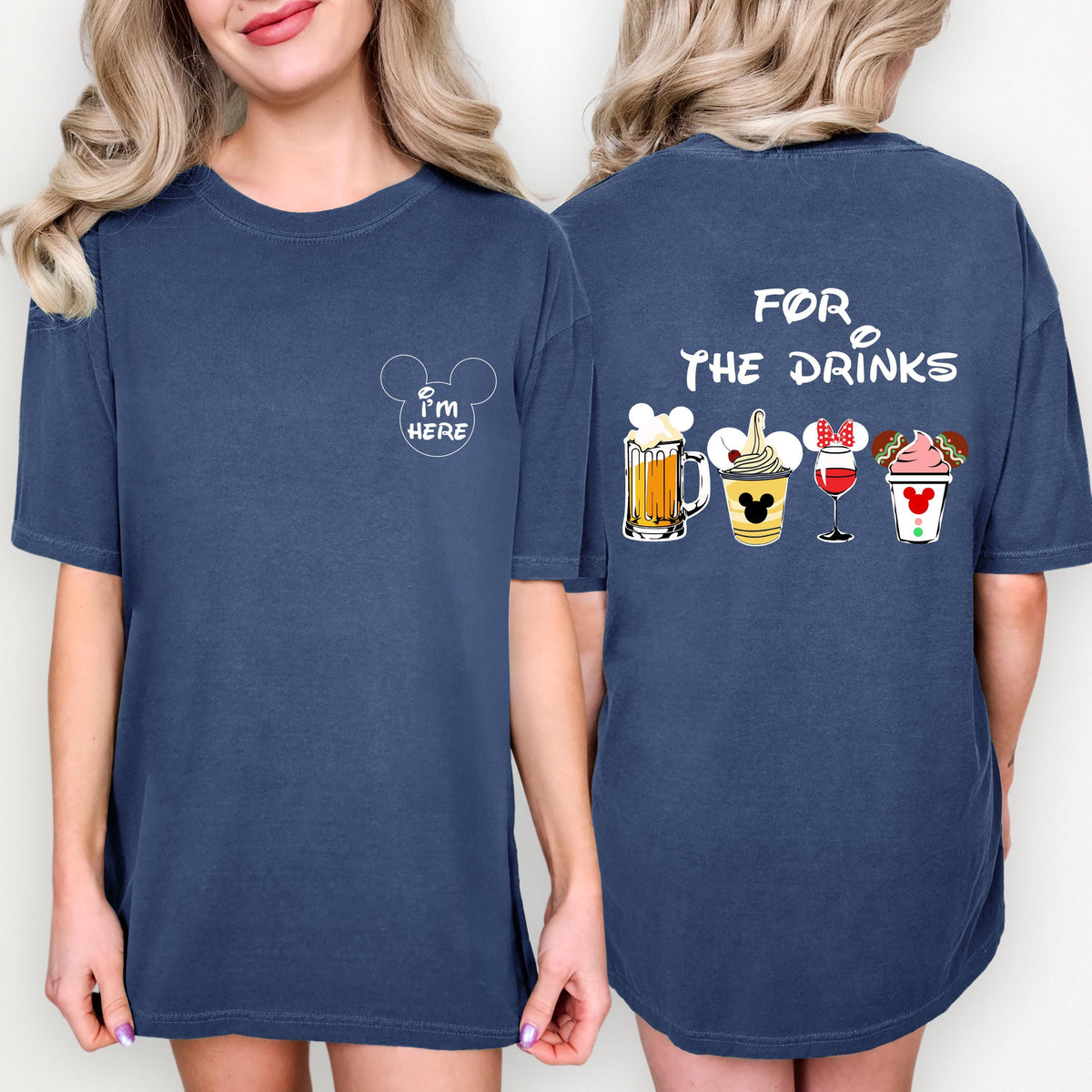 A woman wearing a blue t-shirt with a playful text and graphics design on the back.