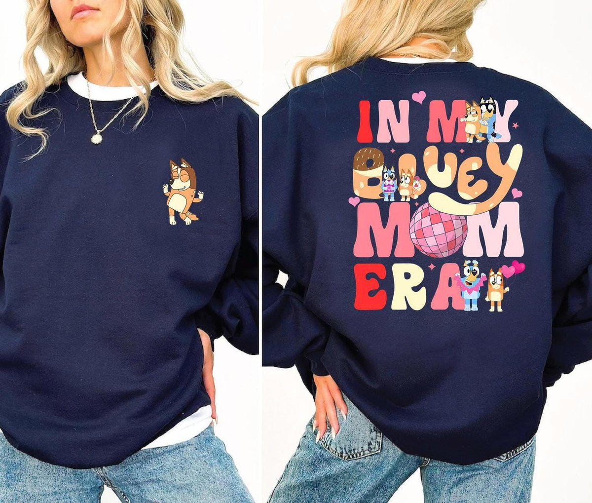 a woman wearing a sweatshirt that says in my busy mom bra