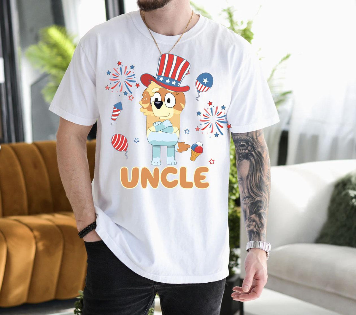 a man wearing a white shirt with a cartoon character on it