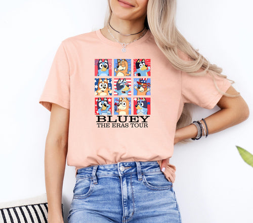 a woman wearing a pink t - shirt that says bluey the bead tour