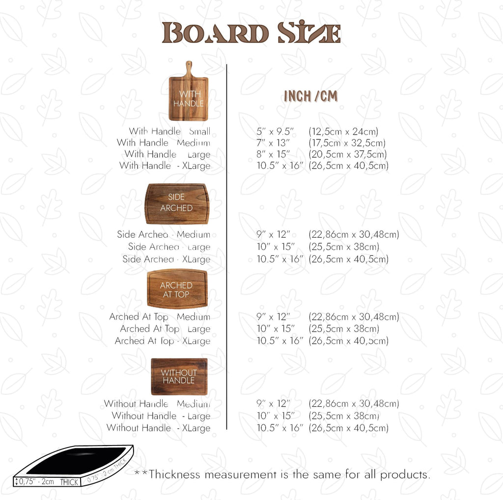 The image is a product size chart that provides measurements for various board sizes, including those with handles and without handles.