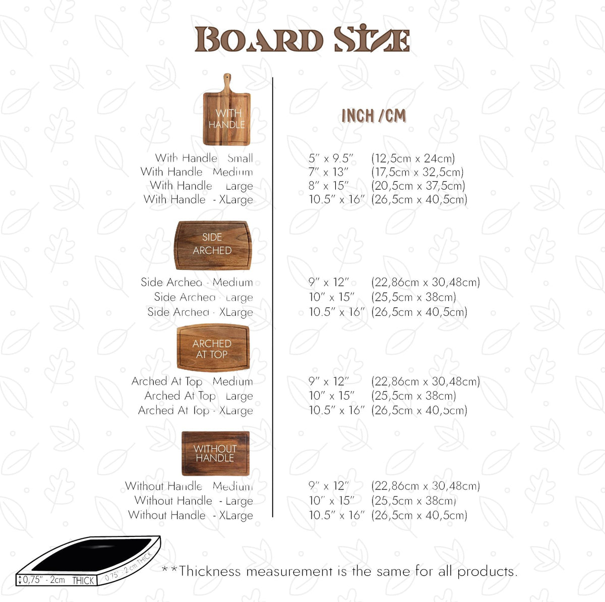 The image is a product size chart that provides measurements for various board sizes, including those with handles and without handles.