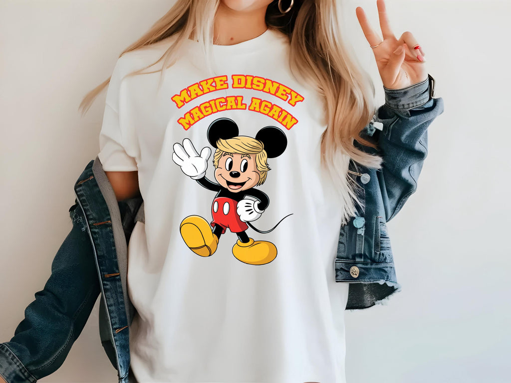 a woman wearing a mickey mouse t - shirt