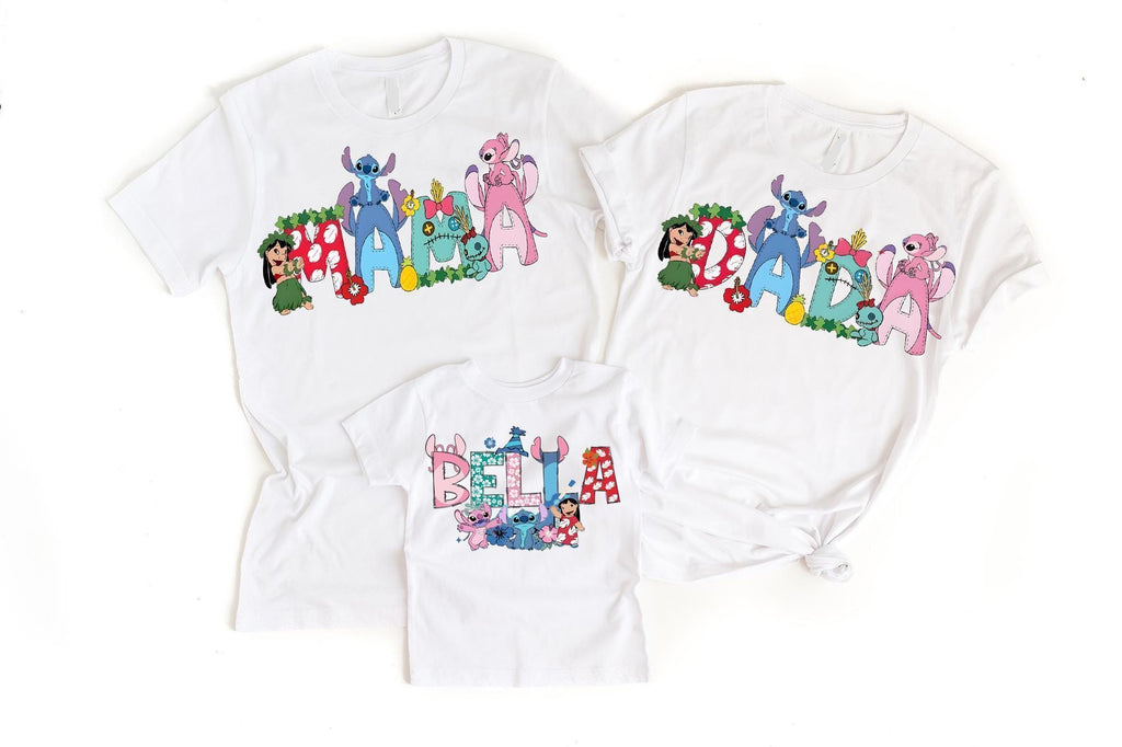 three white t-shirts with colorful cartoon characters and the name "Bella" printed on them.