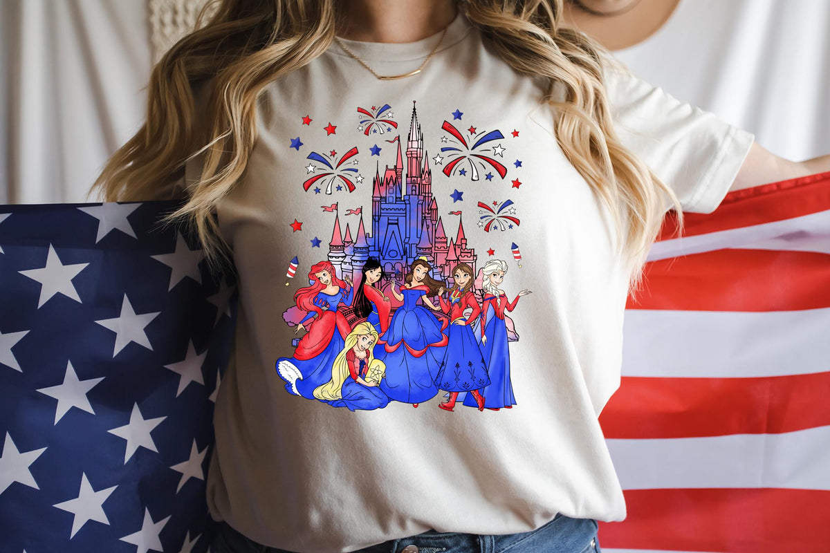 a woman is holding an american flag and a t - shirt
