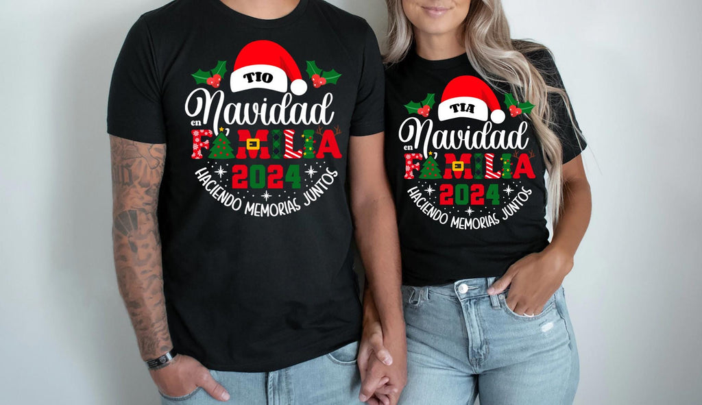 a man and a woman wearing matching tshirts