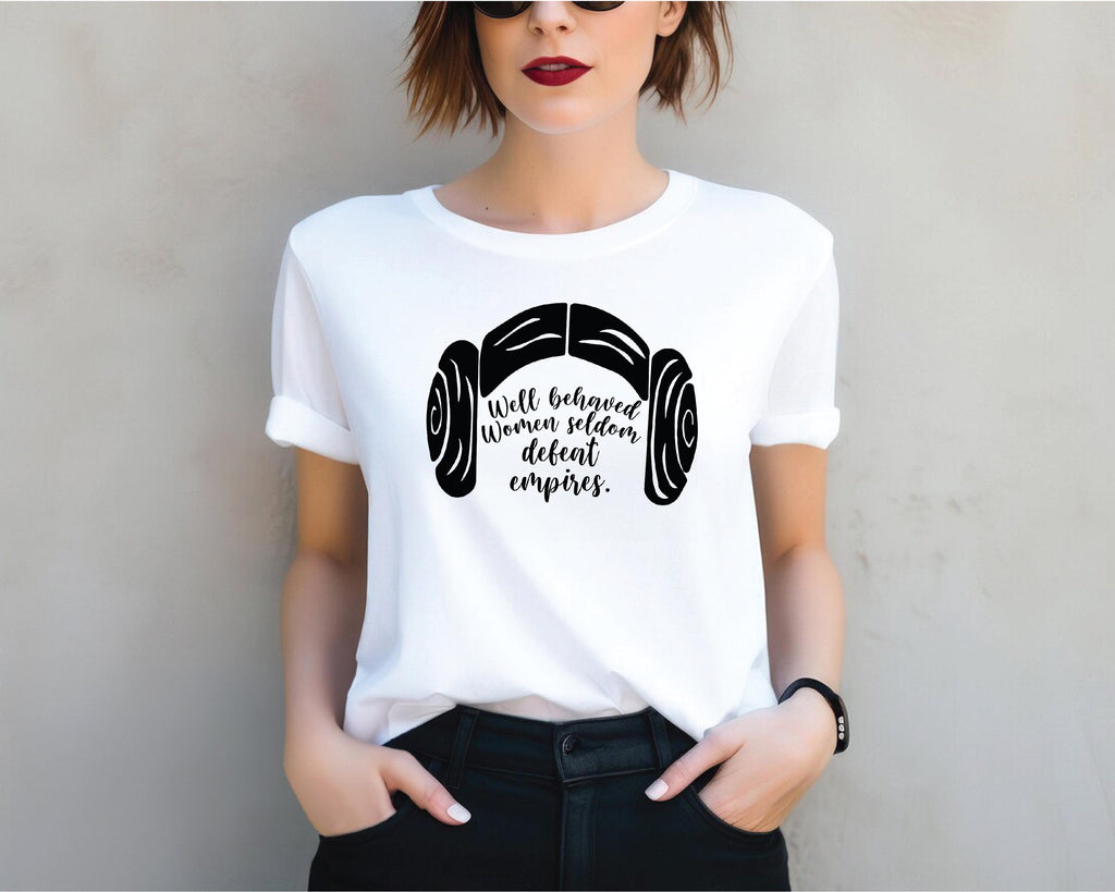 a woman wearing a white t - shirt with a pair of headphones on it