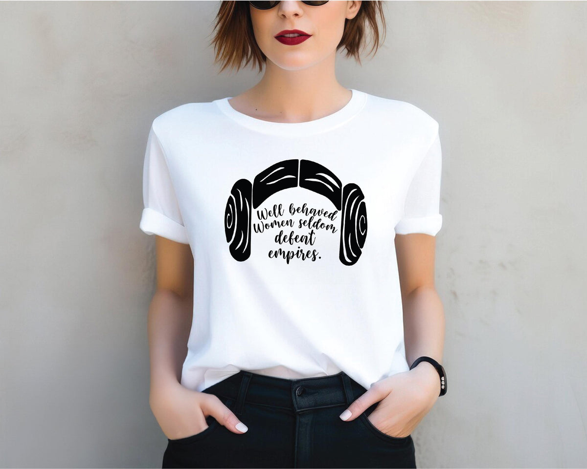 a woman wearing a white t - shirt with a pair of headphones on it