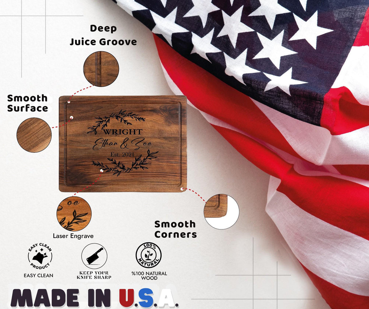 The image is a promotional image for a wooden cutting board, featuring an American flag in the background. The cutting board has a smooth surface, smooth corners, and is made of wood. It is described as a "Deep Juice Groove" and "Laser Engraved". The image also includes text that highlights the cutting board's features, such as its "Easy Clean", "KEEP YOUR KIWI SHARP", and "100% NATURAL WOOD". The image is labeled as "Made in USA".