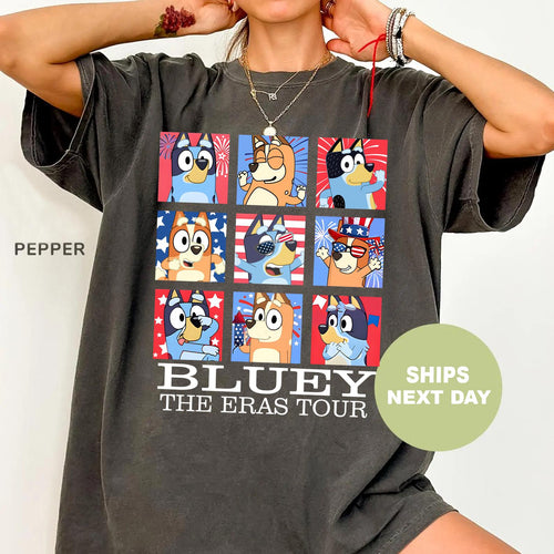 a woman wearing a t - shirt with cartoon characters on it
