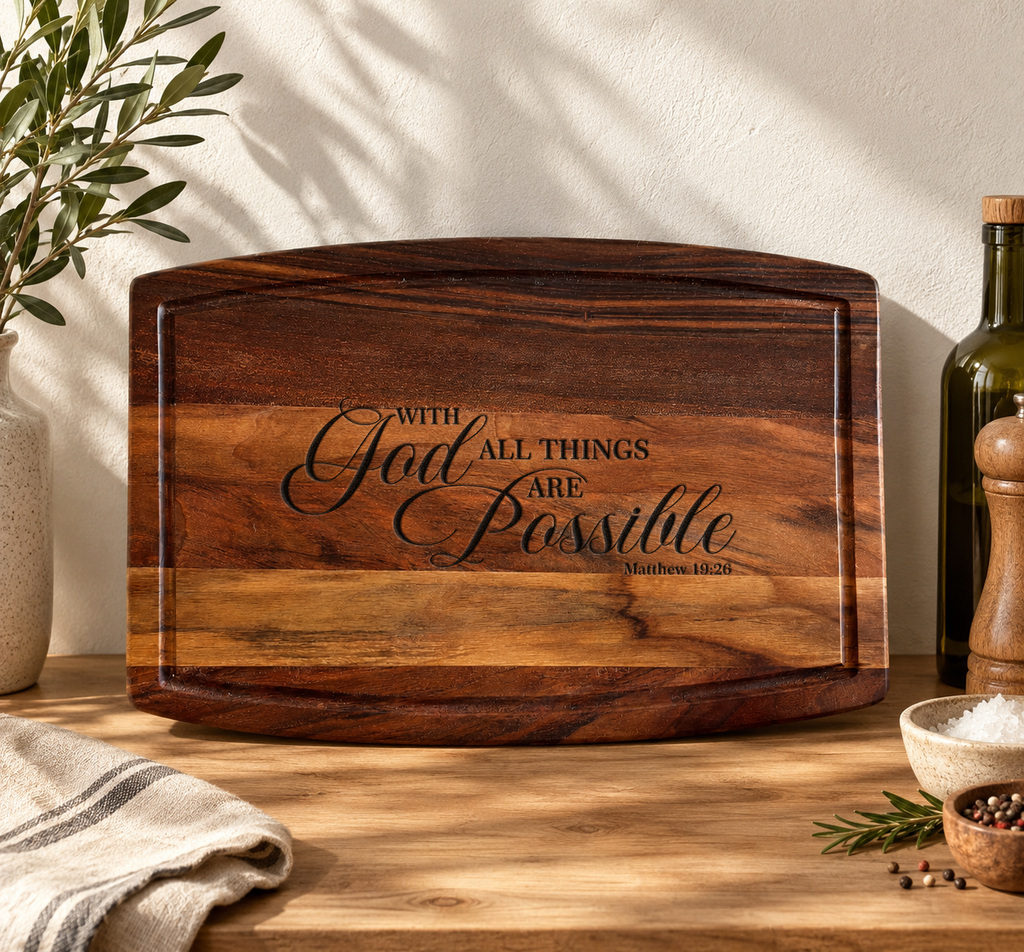 A wooden cutting board with a Bible verse engraved on it, accompanied by a vase of greenery, a pepper grinder, and a bowl of spices on a wooden surface.