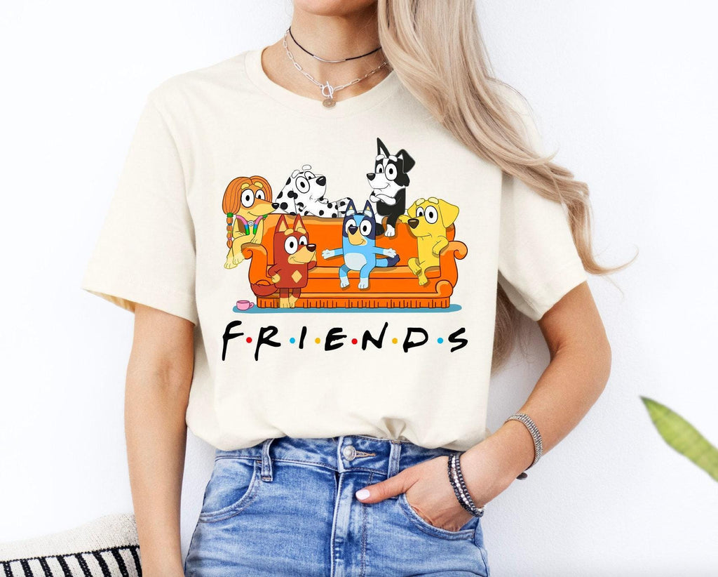 a woman wearing a t - shirt that says friends