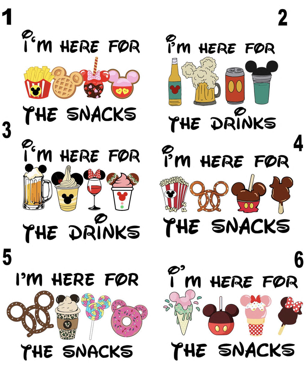 a collection of illustrations depicting various Disney-themed items, including Mickey Mouse, popcorn, drinks, and snacks.
