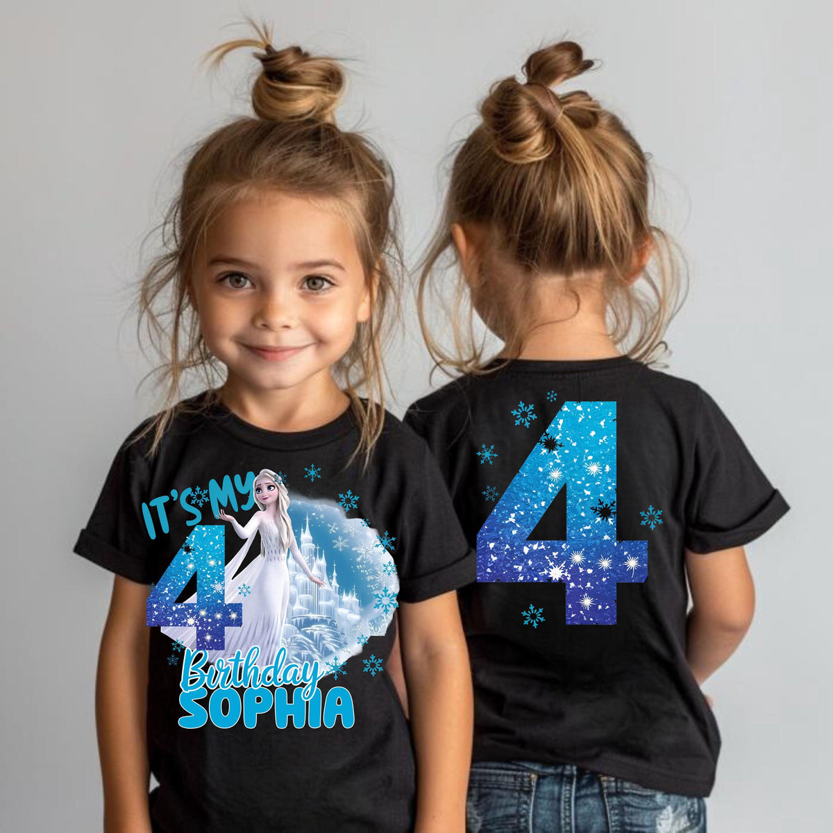 two young girls wearing frozen princess shirts