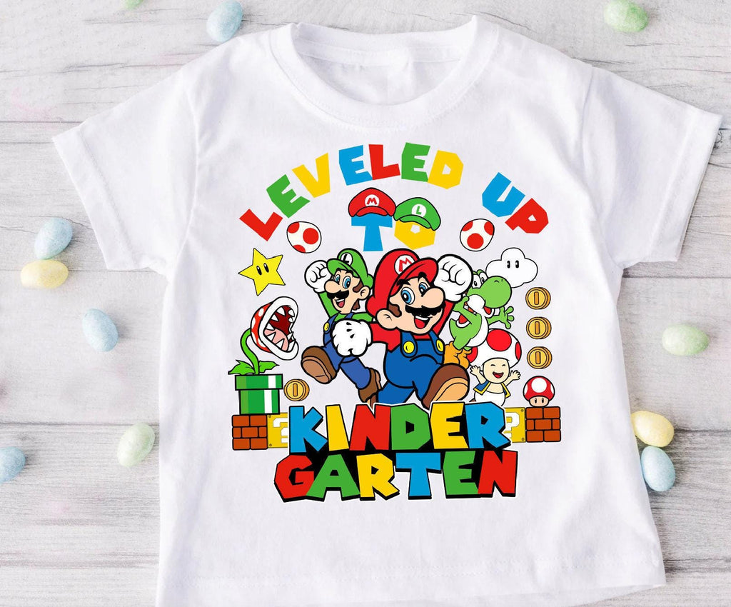 a white shirt with an image of mario and luigi on it
