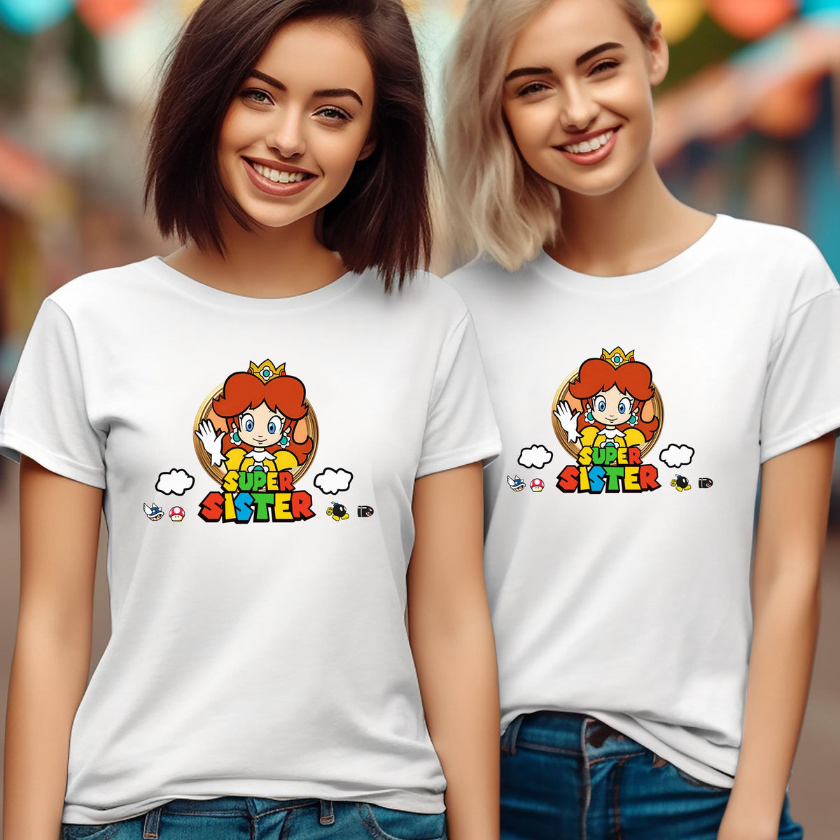 Two smiling women wearing white t-shirts with a Mario character and the text "Super Sister" printed on them.