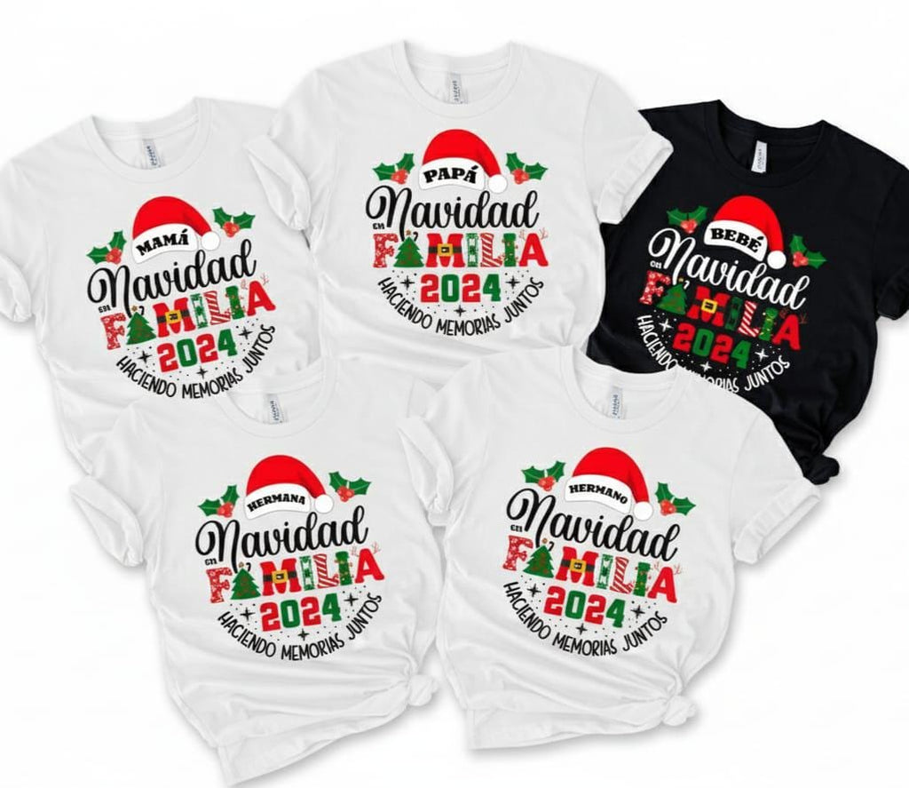 a collection of five white t-shirts with festive holiday-themed designs, including text and graphics related to the Christmas holiday.