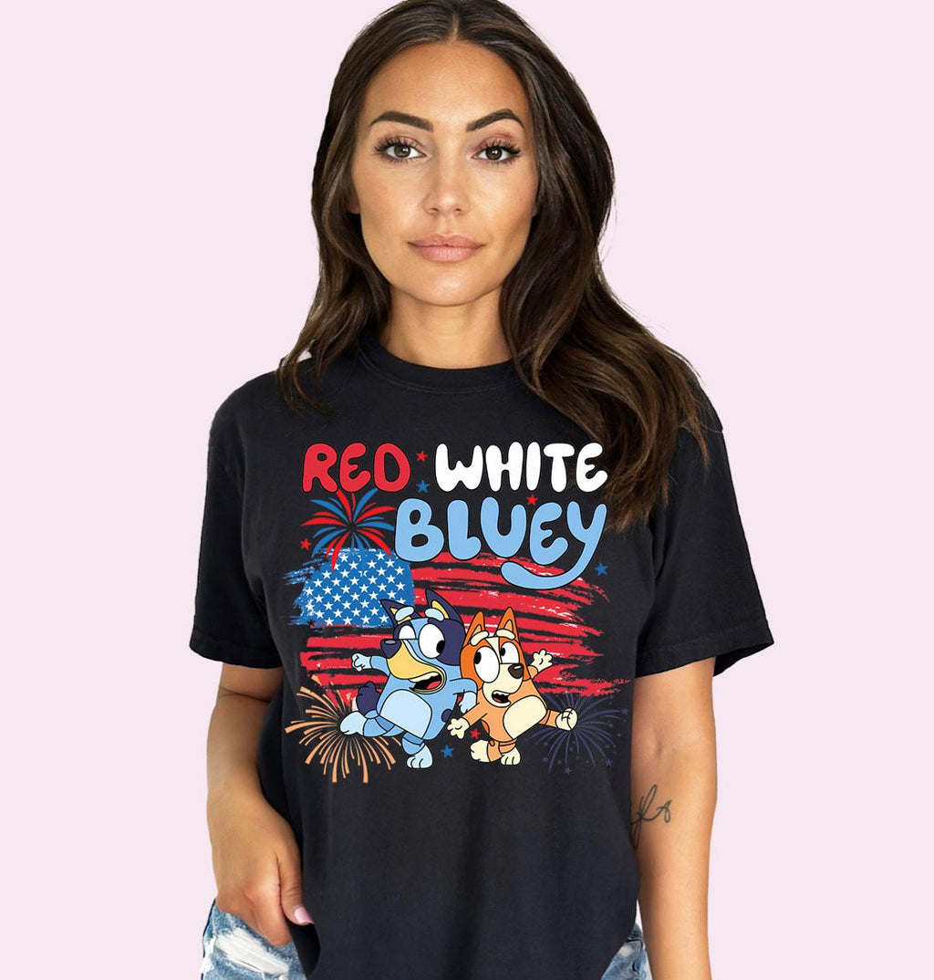 a woman wearing a red white and blue shirt