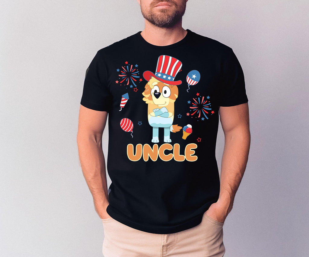 a man wearing a t - shirt with an uncle on it
