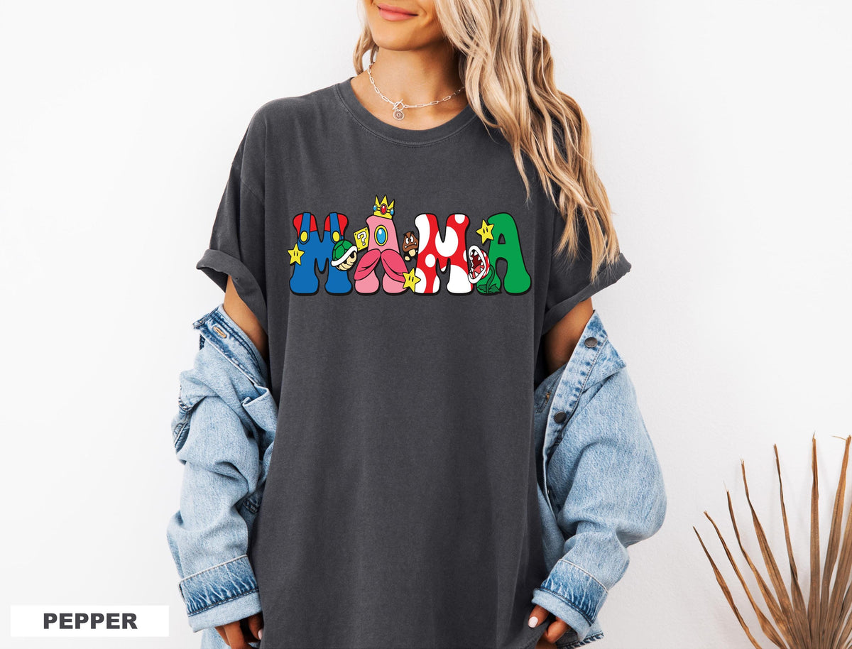 a woman wearing a black shirt with a cartoon character on it