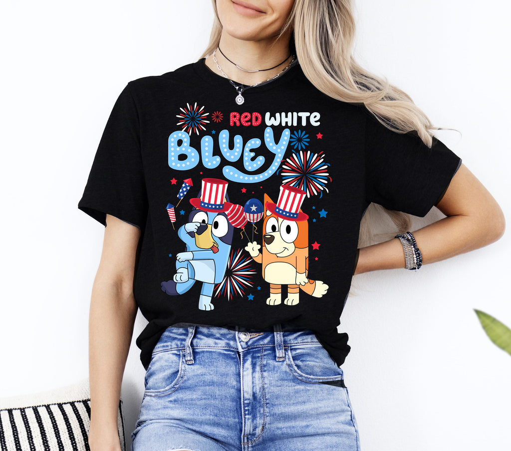 a woman wearing a red white and blue shirt