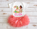 A white t-shirt with a printed image of a young girl and the text "2 ELIZA" printed on it, along with a pink tutu skirt.