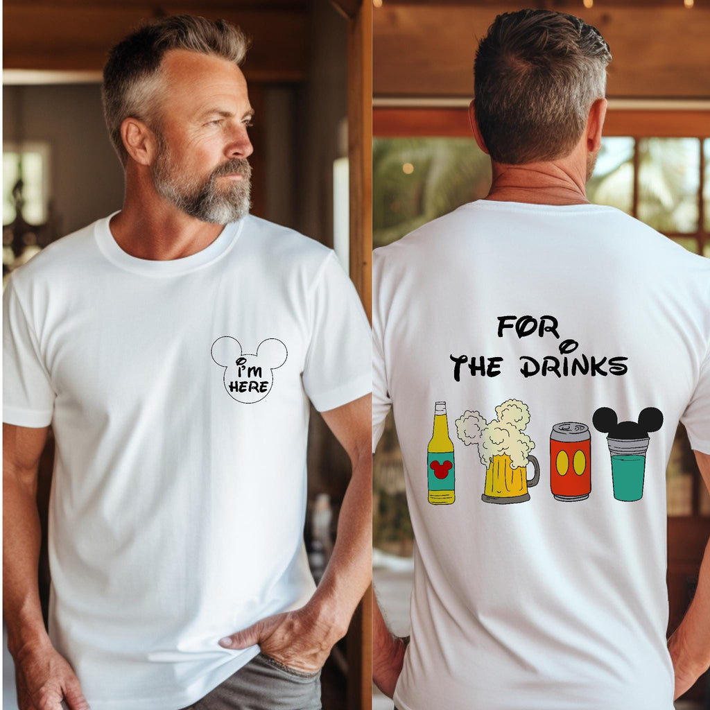 A man wearing a white t-shirt with a graphic design on the back, depicting various drinks and a Mickey Mouse logo.