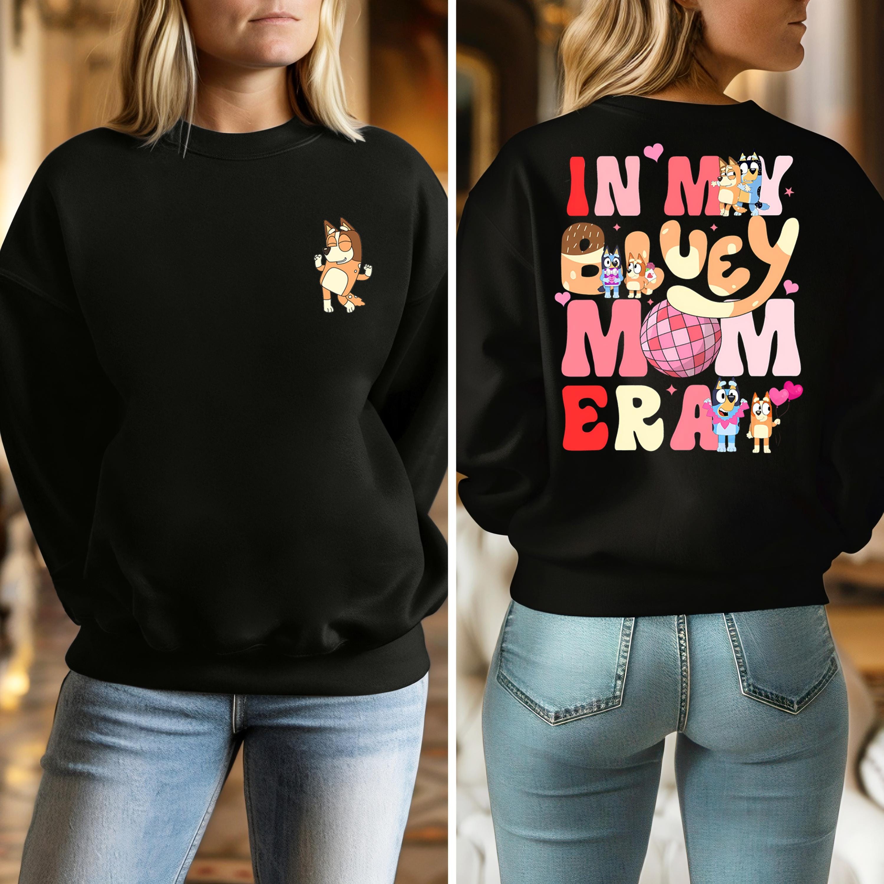 a woman wearing a black sweatshirt with the words in my busy mom brain on it