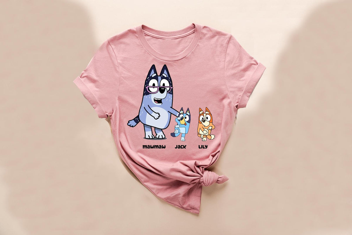 a pink shirt with a cartoon character on it