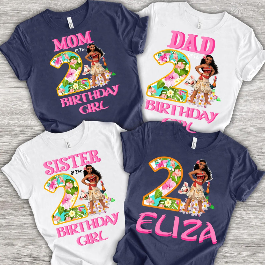 four t-shirts, each with a different design and text related to a birthday celebration.