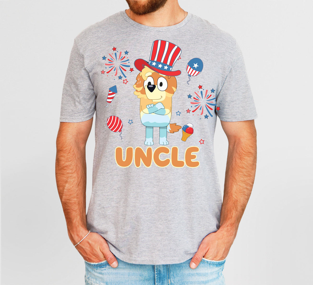 a man wearing a t - shirt that says uncle