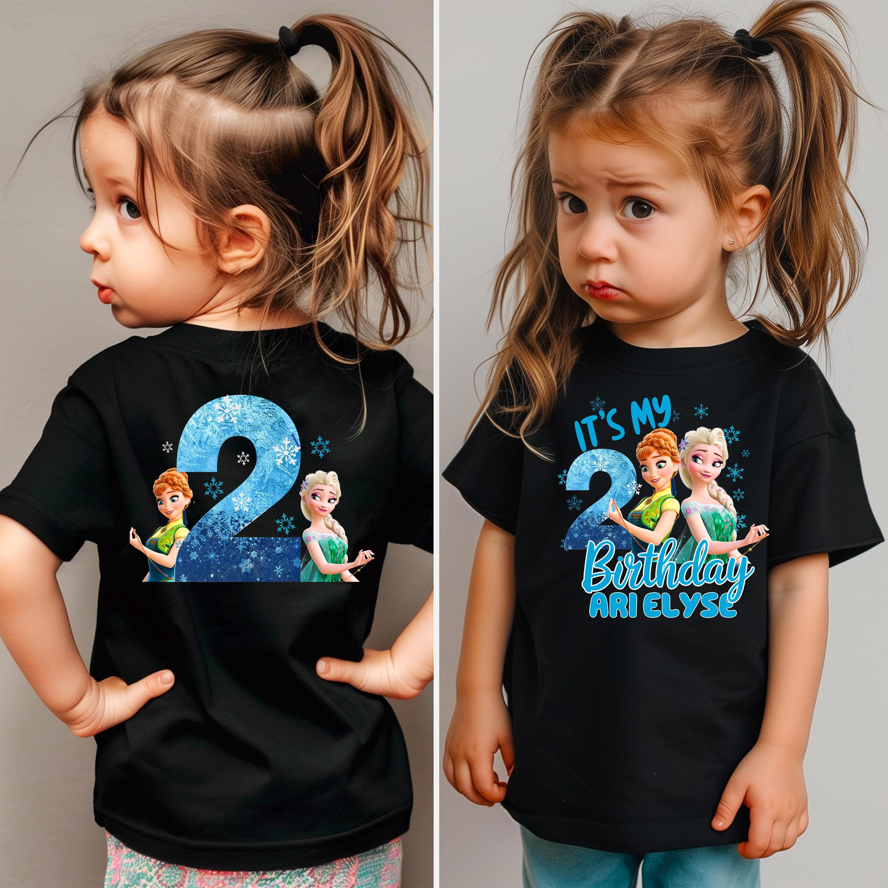 two photos of a little girl wearing a birthday shirt