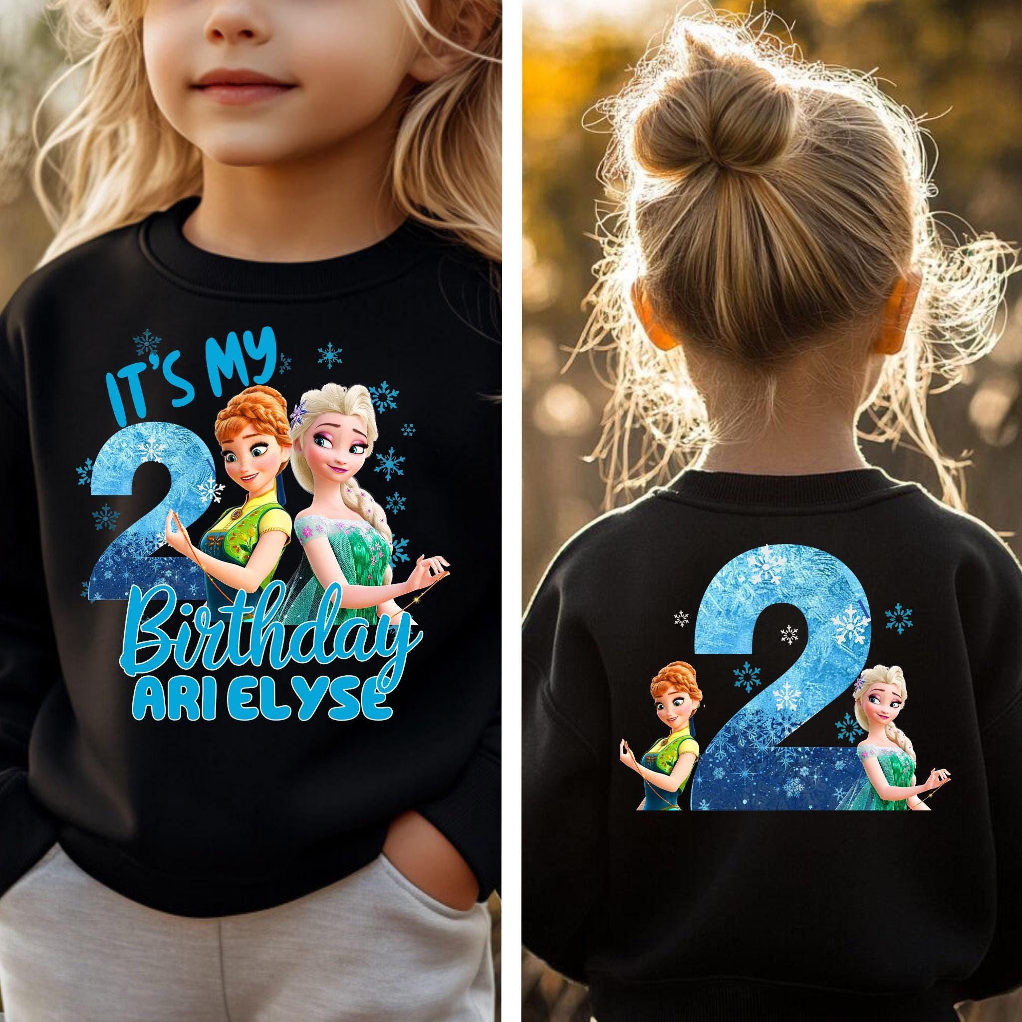 two pictures of a little girl wearing a birthday shirt