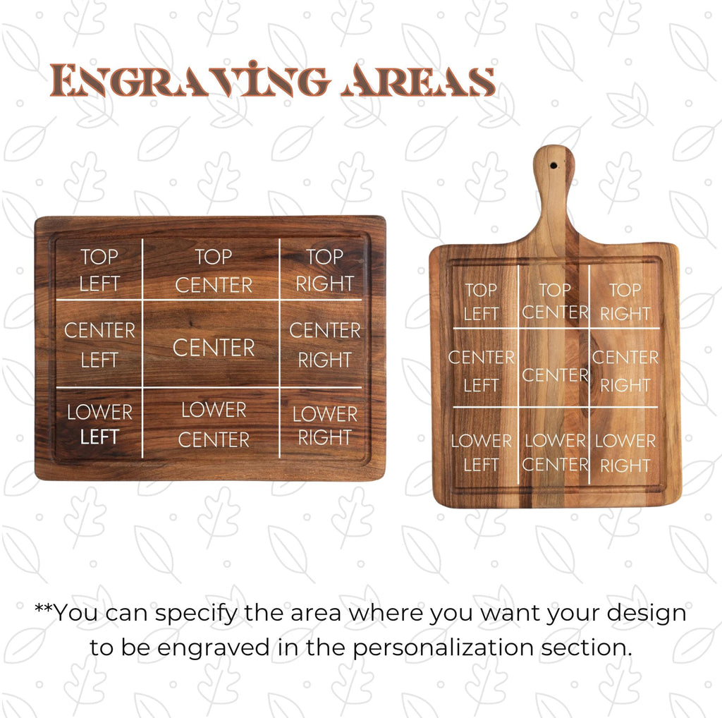 two wooden cutting boards with labeled sections for engraving areas. The cutting boards are set against a white background with leaf patterns.