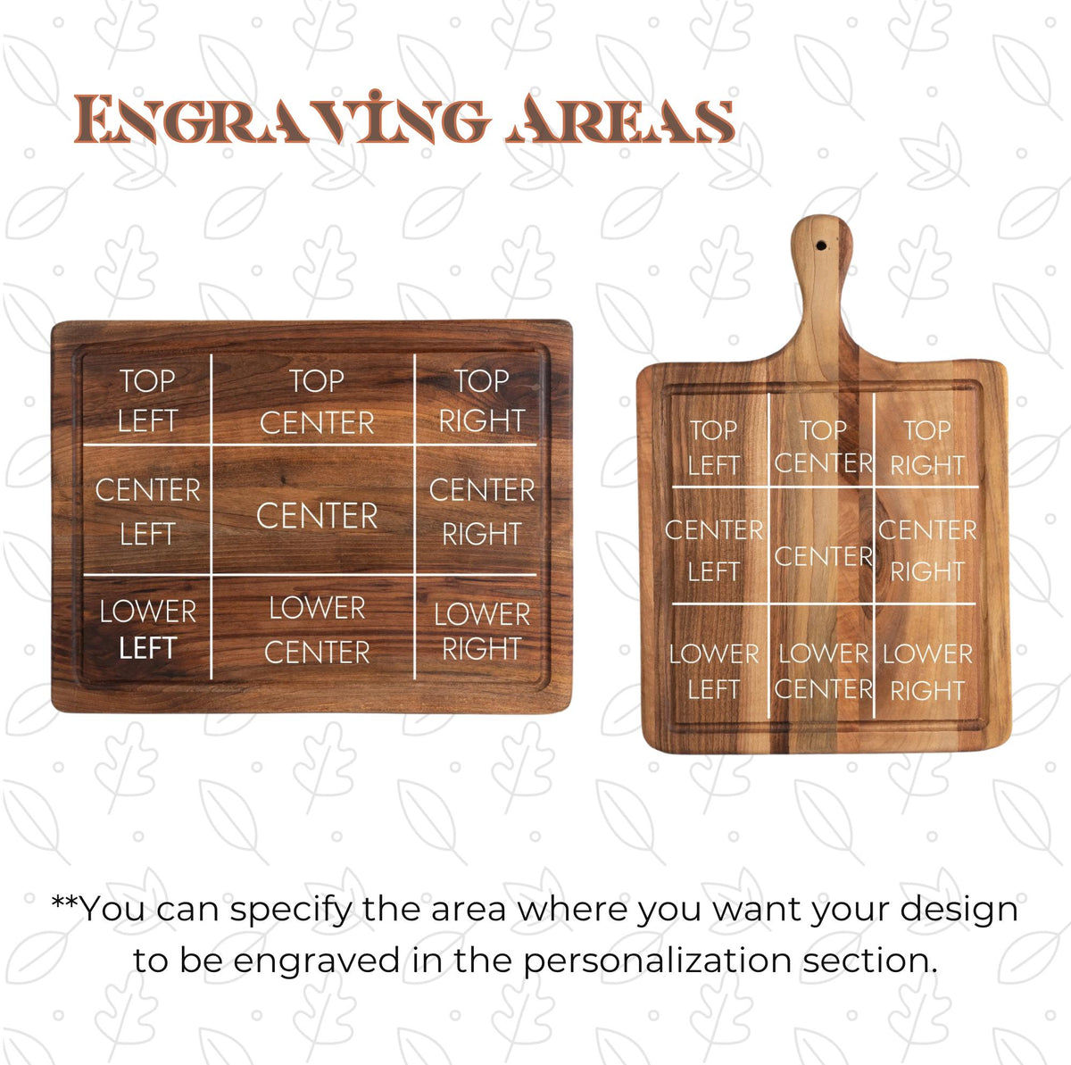 two wooden cutting boards with labeled sections for engraving areas. The cutting boards are set against a white background with leaf patterns.