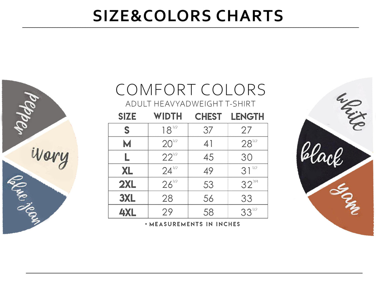 a size and color chart for an adult heavyweight/weight-sensitive t-shirt. The chart provides measurements in inches for different sizes and colors, including white, light gray, ivory, black, blue jeans, and black. The chart is designed to help customers determine the appropriate size and color based on their preferences and measurements.