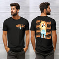 a man wearing a black shirt with a cartoon character on it
