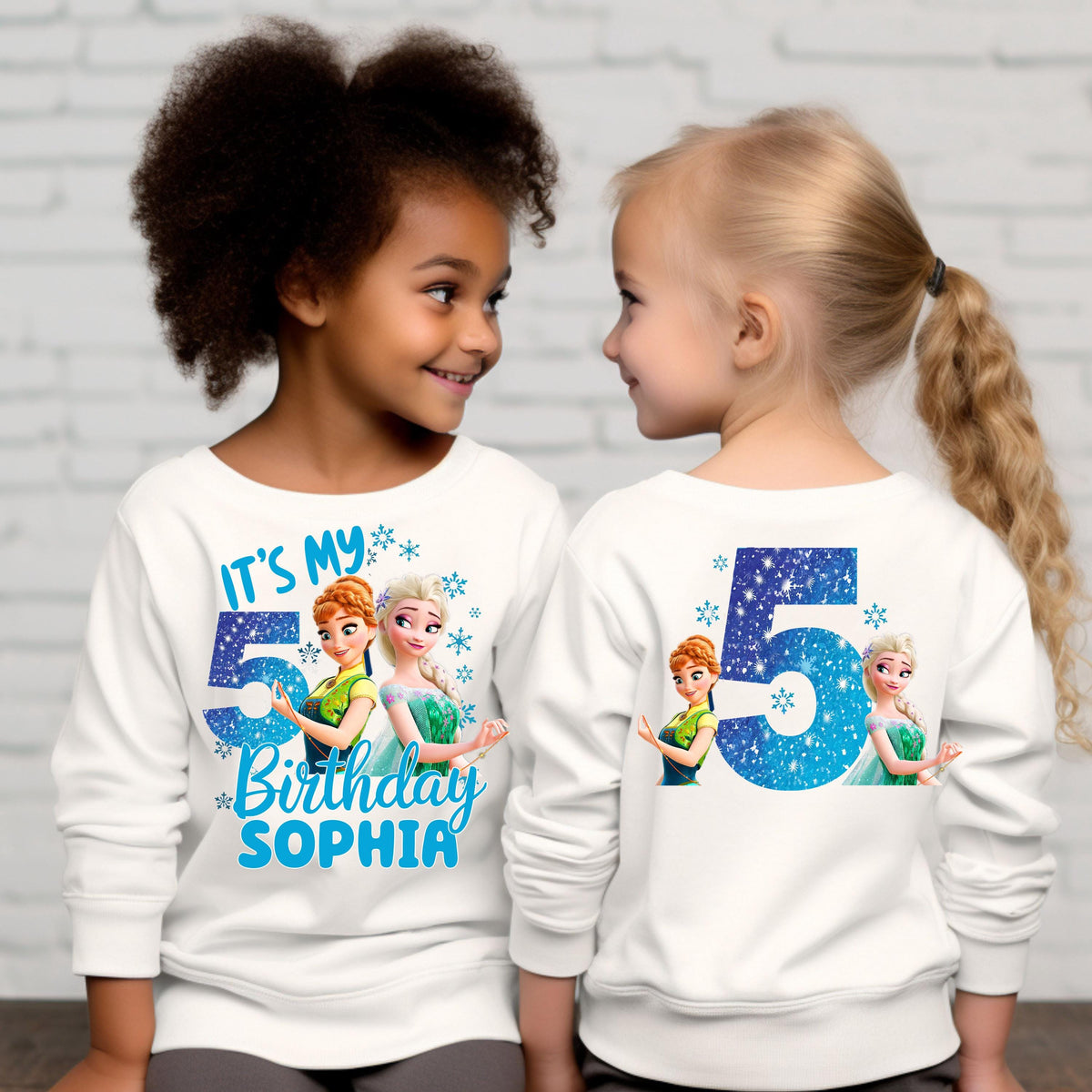 two young girls wearing matching sweatshirts that say it's my 5th birthday so