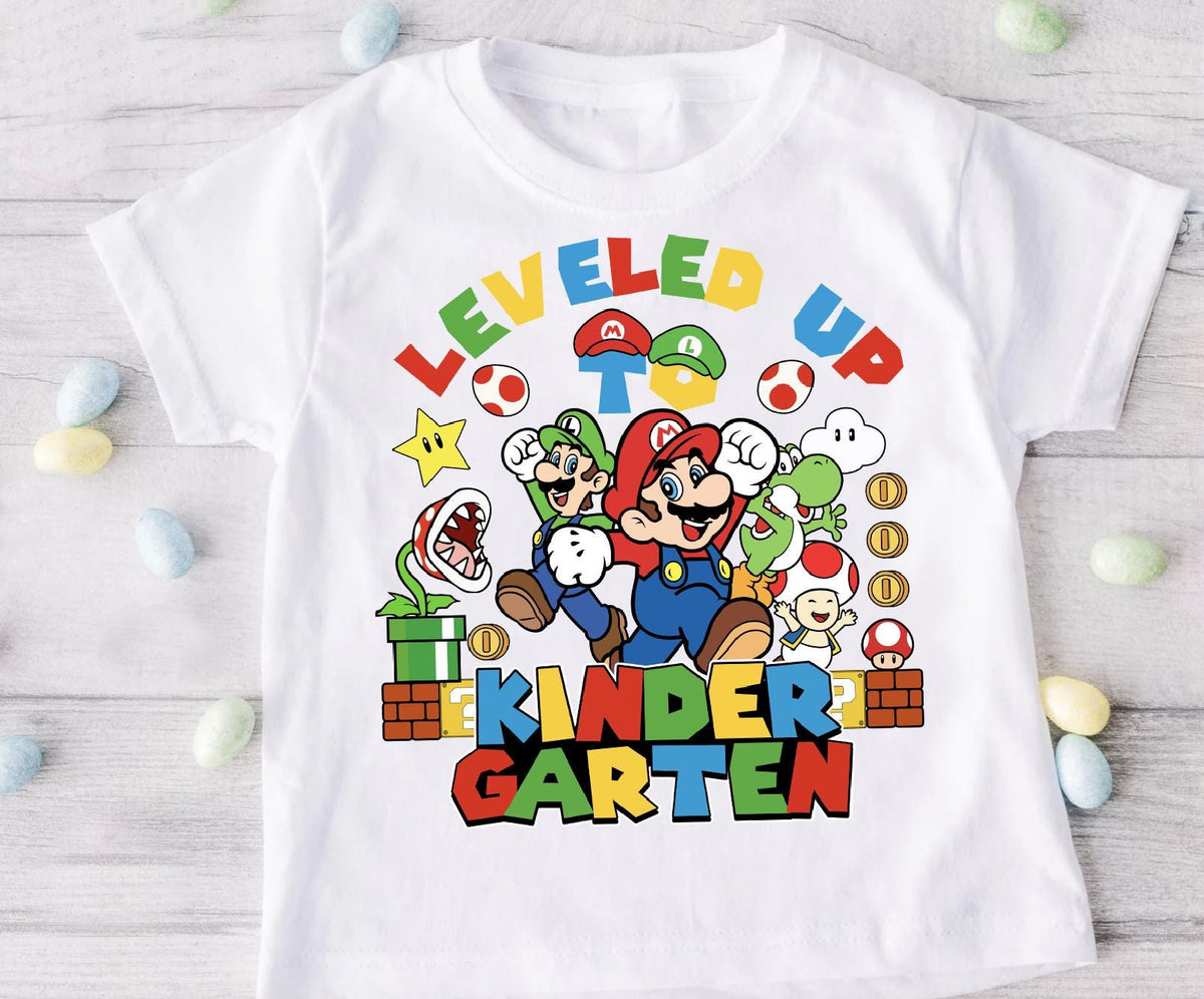 a white shirt with an image of mario and luigi on it