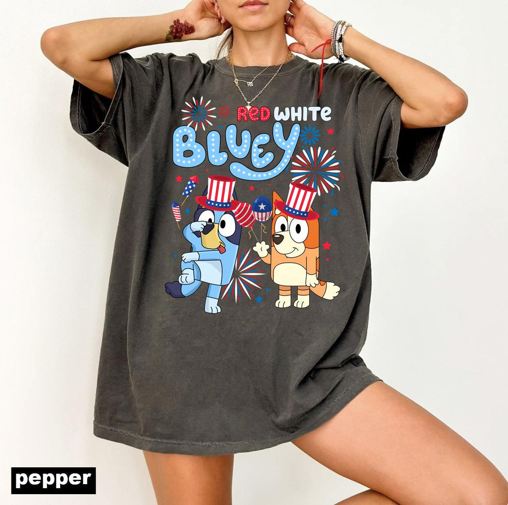 a woman wearing a red white and blue shirt